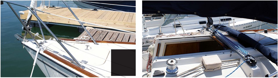 A positive locking bolt secures the cover of the anchor locker in the foredeck, at left. The teak toerails are both functional and attractive. The cabintop is busy with traveler, stoppers, and winches for halyards and sheets, at right. The companionway hatch has no sea hood.