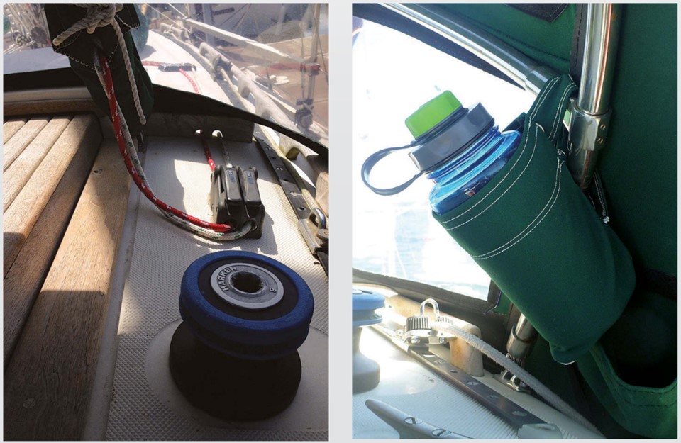 Lines for the first mainsail reef are led aft to the cockpit, left, with excess line stored in the canvas dodger bag. Second-reef lines are at the mast. A water bottle stashed in a homemade holder under the dodger, right, makes it easy to stay hydrated on watch.