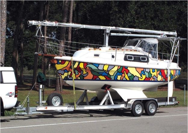 Weighing roughly 7,500 pounds all up, Ladyship and her trailer can be towed nicely behind the Hoffmans’ pickup truck. The twin keels that allow the Pageant to sit safely on a tidal flat also keep her stable on the trailer.