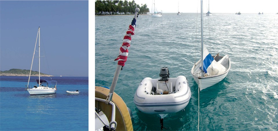 The size of the sailboat does put a practical limit on the attending dinghy, at left. This dinghy might be small enough to stow, perhaps partially deflated, on the foredeck if necessary. Sailing dinghies, such as this one Jan spotted in the San Blas Islands, at right, are not common outside the U.S., but they are quite numerous in large harbors like Boot Key Harbor in Marathon, Florida, where liveaboards congregate.