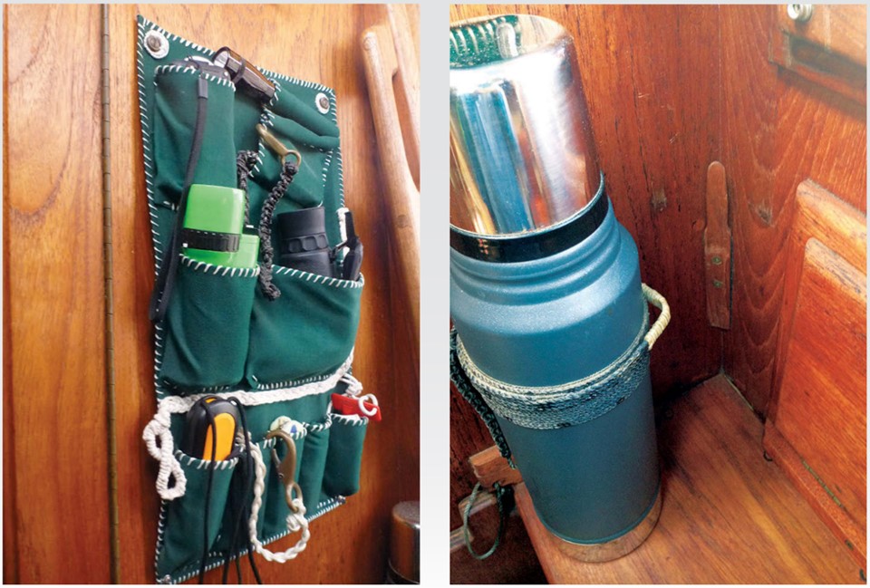 Companionway pockets store the most-needed items within easy reach, left. A thermos near the companionway provides hot coffee on a cool day. A marlinespike loop on the thermos stiffened with superglue hooks onto a homemade wooden corner horn. Karen’s shipwright friend Leif Knutson came up with this idea.