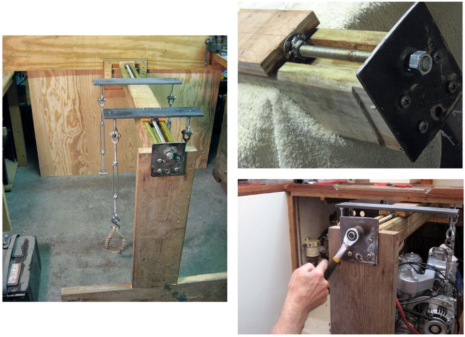 Set up in his workshop, left, Brian’s crane reveals his ingenuity. The wings support the turnbuckles Brian used to raise the engine off its mounts. The mechanism for moving the engine horizontally, upper right, consists of a keeled car that slides in a channel in the main beam. Turning the nut fixed to the end of the captured threaded rod, lower right, causes the car to slide along the channel.