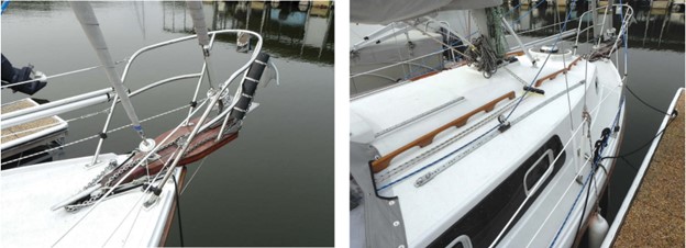 Rob built a bow platform to handle two anchors with their rodes stowed belowdecks, at left. The inner headsail can be detached and secured aft at the mast to allow unrestricted tacking of the roller-furling genoa. The sidedecks are quite narrow, at right. On Ladyship they are obstructed by the shrouds, which Rob moved outboard, so anyone wishing to go forward must hop onto the cabintop.