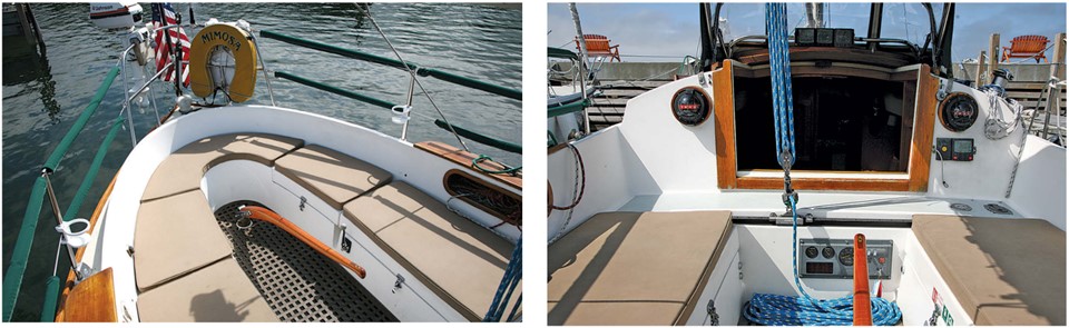 Mimosa’s comfortable cockpit is secure at sea and also lends itself to socializing when the boat’s at rest, at left. The high bridge deck will keep all but the the biggest seas from finding their way below, at right, but does require some agility on the part of crew negotiating the companionway.
