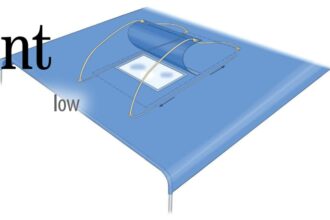 Henry did not like having to climb over his Bimini to close the flap over the window, so he devised a system of cords that he can operate while standing in the cockpit. The drawing shows the principle, but the cords (made of shock cord) are tensioned so they hold the flap securely open or closed.