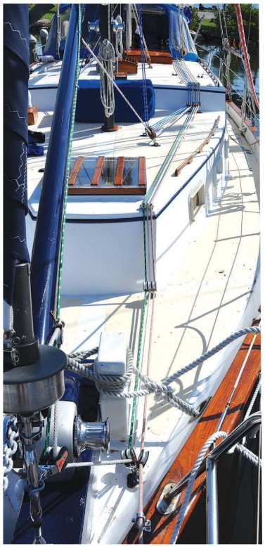 The deck on the Down East 45 has three levels: the foredeck, forward coachroof, and saloon coachroof presenting an obstacle course for running rigging that needs to be led aft to the cockpit.