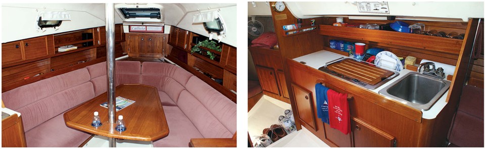 Although the Pearson 27 was not the first design in which the saloon was pushed forward, the configuration was somewhat unusual, at left. A previous owner of Callisto fitted expertly crafted teak ceilings and storage compartments. The compact galley module, at right, has a sink, stovetop, and icebox and a shelf for stowage outboard.