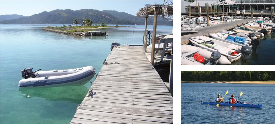 The clear shallow water off Josh Cay, Guanaja, Bay Islands, Honduras, at left, makes traveling to shore in the dinghy just like a glass-bottom boat ride. The lineup at the Key West dinghy dock, upper right, shows there’s a dinghy to fit every cruising budget and every kind of cruising. A one- or two-person kayak is another way to explore an anchorage, lower right. Paddling is good exercise, and a kayak is quiet enough to approach birds and animals in the area for a closer view. However, it doesn’t carry much cargo (photo by Tom Wells).