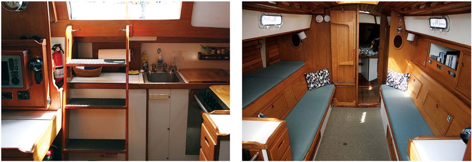 Carol feels the compact galley, at left, is suitable for use on short cruises as well as when entertaining friends at the dock. The simple, spare interior, at right, reflects Mimosa’s New England heritage. The pilot berth above the port-side settee is a sign the Vixen 34 is a passagemaker.