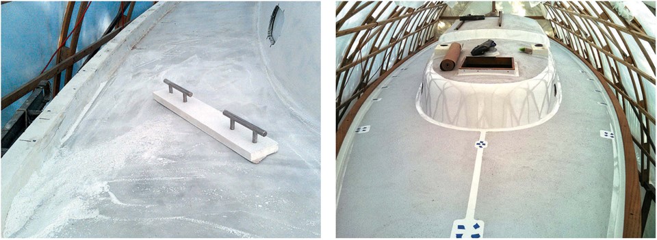 When fairing the deck after completing the glasswork, at left, Matt used a homemade longboard cut from a plastic trim board of the kind available at most lumberyards. He went through many rolls of 60-grit self-adhesive sandpaper in the process. At last, after the deck had received its new core, top skin, paint, and KiwiGrip non-skid, at right, all that remained for Matt to do was to bolt all the hardware back in place.