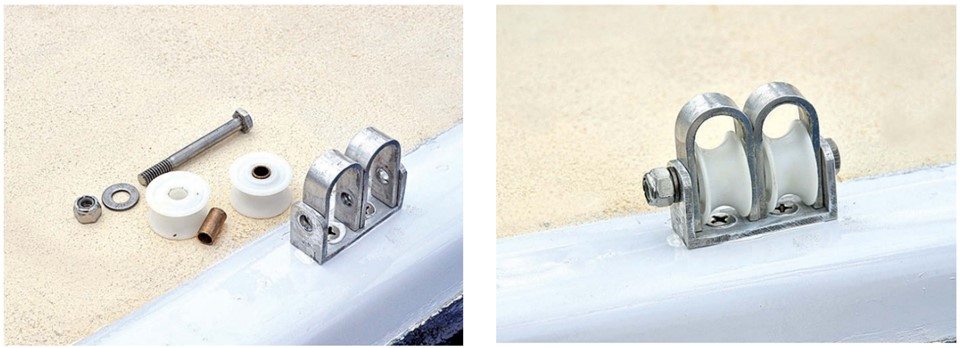 A two-sheave block illustrates the components Roger used for his over-the-top blocks, at left. He bolted the channel to the turn of the coachroof, then assembled the parts, at right.