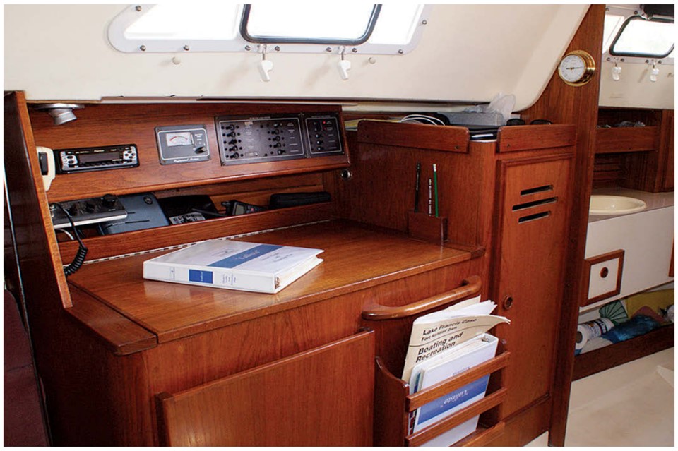The navigation station has room for basic electronics, the electrical panel, and charts.