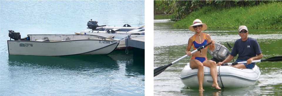 This Porta-Bote, at left, provides admirable service between a boat at a mooring in the Florida Keys’ Boot Key Harbor and the dinghy dock in Marathon. When you venture away from harbors and marinas, your dinghy becomes much more than transportation. It also allows you to explore jungle rivers and other otherwise inaccessible areas, such as this river in the San Blas Islands, at right.
