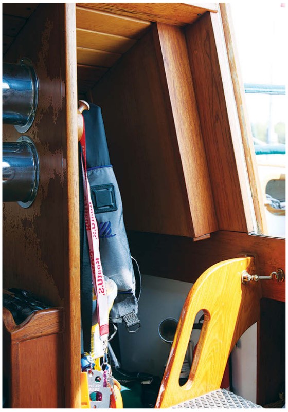 The dedicated wet locker — a rare feature on today’s sailboats — drains directly into the bilge. It also provides a convenient home for safety gear and other often-used equipment.