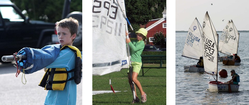 At Bellport Yacht Club, Brian’s grandson Clayton, left, carries the mast and sail for an Optimist dinghy. His cousins, Ella, center, and Charlotte, bringing up the rear, right, were in the same sailing program.