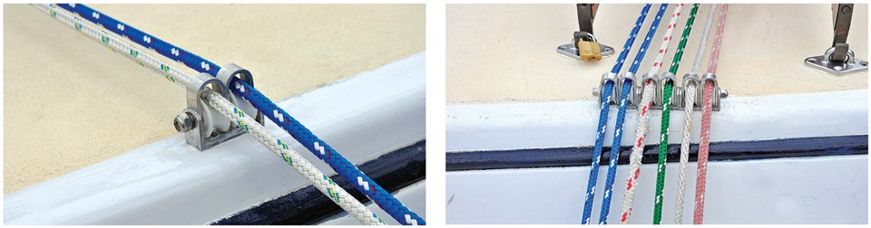 Roger’s basic unit fits two sheaves into one piece of aluminum channel, at left. Where he needed to run six lines over the top of the saloon coachroof, at right, he connected three two-sheave blocks with a single through-bolt as a common axle.