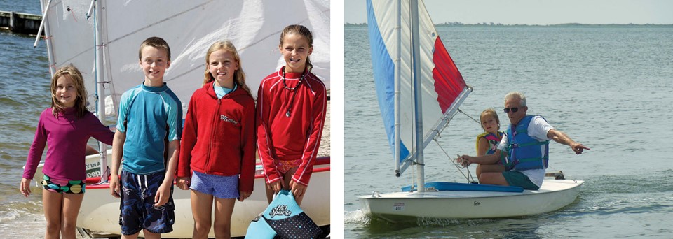 The new generation of sailors in Brian’s family, at left, Claire, Clayton, Charlotte, and Ella. Brian fulfills Claire’s wish and takes her out on the Sunfish, at right.