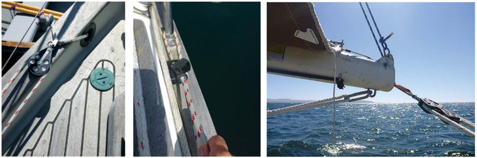 Rig boom preventers, one for each side of the boat, to steady the boom and prevent accidental jibes. Lead them forward outside of all rigging, around turning blocks near the bow, and back to the cockpit. A turning block can be secured with a soft shackle to a hawsehole, at left, or a deck cleat. Lead the preventers so they can be set up from the cockpit. One way is to lead the preventer line around a stanchion base and to a cam cleat where it’s easy to adjust and control, center. Preventers can be clipped onto the end of the boom with inexpensive carabiners, at right. The one that’s not in use can be clipped to a lifeline and tightened.