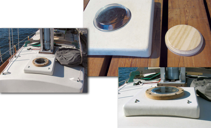 A few minutes with a saw, a mold for a fiberglass coaming, and a trim ring are all it took to enlighten an opaque hatch with a pie plate.