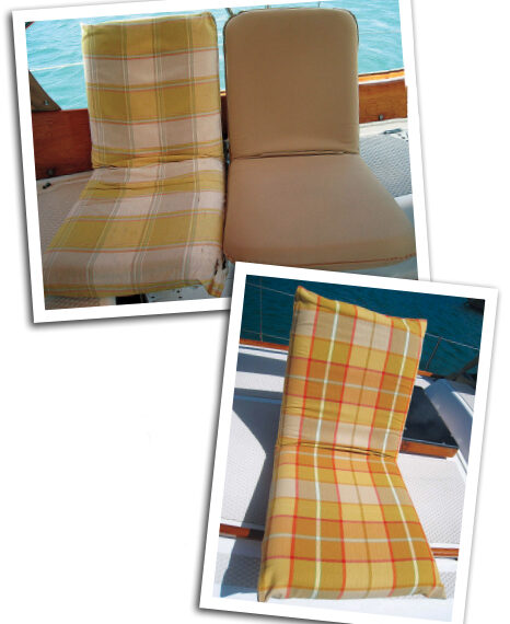 Removing the exhausted cover, upper photo, reveals how well it has protected the 5-year-old Sport-a-Seat. The new cover, lower photo, should serve another five years.