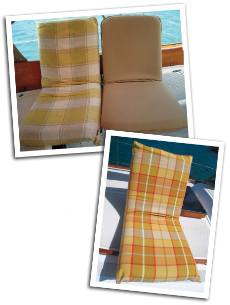 Removing the exhausted cover, upper photo, reveals how well it has protected the 5-year-old Sport-a-Seat. The new cover, lower photo, should serve another five years.