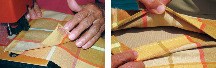 A wide hem doubles the thickness of the overlap to stiffen it, at left. The overlap should be at the top of the seat back on the back side, at right.