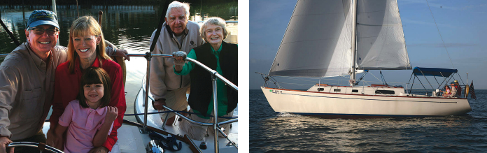 Shaun and Paula, above left in the foreground, are teaching their granddaughter, Abigail, the ways of a sailboat as Merle and Pat look on approvingly. At 40, Quest shows the care with which she’s been maintained and improved throughout her life with one family, at right.
