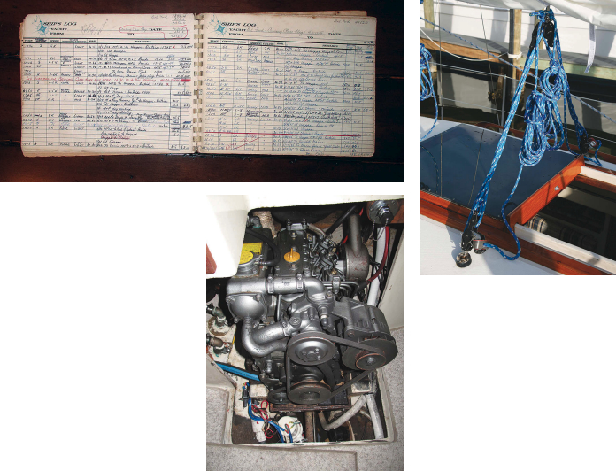 Pat kept a handwritten log of the cruises the family made in Quest, above, earning five “cruising” stars from their sailing club. The Yanmar diesel, at right, replaced the original Atomic 4 in 1997, and Shaun and Paula rerigged the mainsheet, far right.