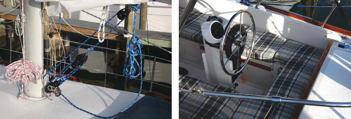 Among the additions Shaun and Paula made were a boom vang, at left, and a Cunningham to give them more control of the mainsail’s shape. They also replaced the cockpit cushions, at right, and covered them with a material that matches the interior upholstery.