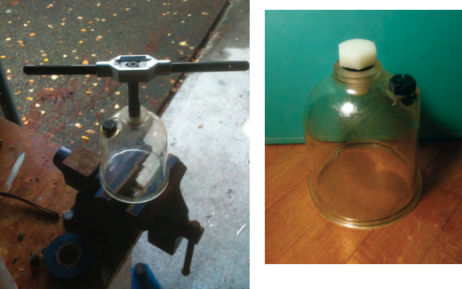 After removing the inoperable valve from his Racor filter, Dan tapped new threads, far left, and inserted a nylon hex-head bolt with an 0-ring seal, at left.