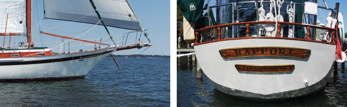 One of many handsome design details, Rapport’s bowsprit, at left, commands attention (particularly when docking bow-in). The gold-leaf lettering on Rapport’s elegant transom board, at right, was done by Deltaville artist Steve Smith, aka Kaptain Krunch.