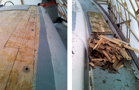 Some of the existing core on the cabintop was still in very good shape, far left, so Matt left it in place and saved himself some work. As for the rotten core, it peeled up fairly easily and quickly piled up, near left.
