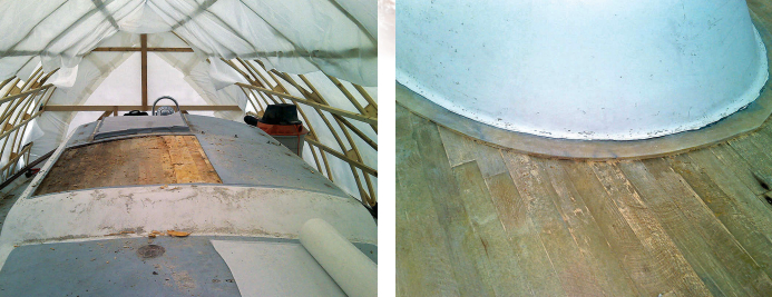 With the top skin removed, the old core needed to be extracted from beneath the edges where Matt had cut the existing deck, at left. He then had to grind bevels on the old glass to receive the new, at right. With some on-the-job training, he was able to grind accurate bevels everywhere.