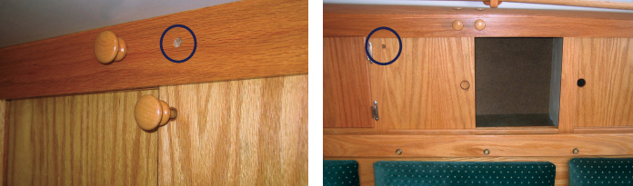 Inserted in the hole in the outer door, at left, the tapered Reinpin jams against the edge of the inner door and prevents both doors from sliding. When not in use, the pin is stored in a hole above in the frame. The Reinpin hole is visible at the upper left of the opened sliding door, at right.