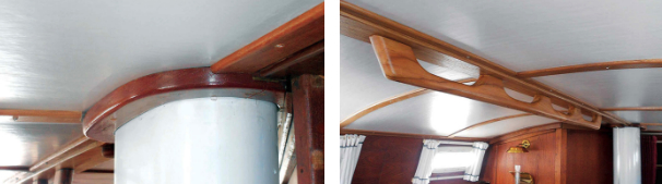 By creating prototypes out of scrap wood first, Mike achieved the shape and look he desired for the curved trim around places such as the mast, at left. Adding the overhead handrail, at right, made moving about the cabin while under way much safer.