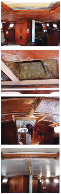 After removing the old headliner, Mike was able to inspect the overhead for leaks and signs of rot, at top. Starting with the centerline, he laminated plywood strips to conform to the curve of the coachroof and provide enough space for the insulation, above. Once he'd installed all the furring strips, Mike, supervised by his boat dog, Diaz, began to install the insulation, below. With all the white panels in place, at bottom, the overhead was ready to receive the teak trim that would finish the job.