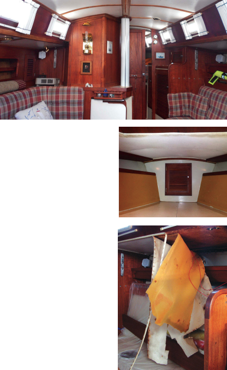 A much brighter and warmer interior was Mike’s reward for the time and effort he put into the headliner replacement, at top. The old headliner was yellowing around the edges and generally showing signs of its age throughout, middle. Removing the old headliner, staple strip, and foam insulation was easy, at right, but removing the hundreds of staples left behind took a bit longer — approximately 40 hours.