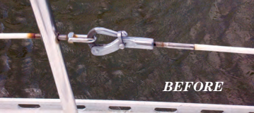Rust stains on the vinyl cover indicate a corroded lifeline cable inside — it’s time to replace it. The old-style pelican hook was difficult to open and close because the tension was on the lever.