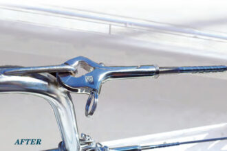 Gary eliminated the gate and attached his new lifelines to the pushpit with pelican hooks. By releasing the lifelines, he can make a temporary gate anywhere he wants on that side of the boat.