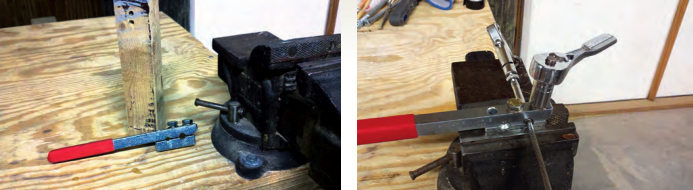 A wooden block with a hole and a kerf makes an excellent jig for sawing stainless-steel cable with an ordinary hacksaw, and the red-handled crimping tool is essential for stainless-steel terminals, at left. The crimping tool must be held securely in a vise, at right, while the bolts are tightened little by little on alternate sides of the terminal. The signal to stop tightening is when the jaws of the tool touch on both sides. (Fittings, such as the pelican hook in the picture, do not need to be attached while crimping.)