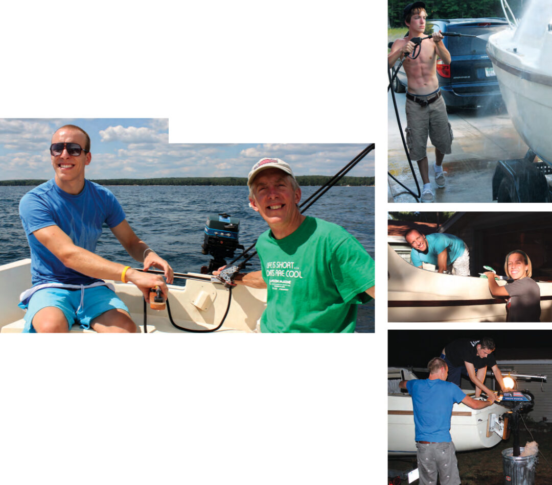 Ken’s son Iain takes the Sandpiper’s helm, at left, while his father enjoys the sensation of being under sail once again. The whole family worked to restore the Sandpiper to sailing condition. Ken’s son Conor power-washed it, top right, his daughter Shannon and Iain scrubbed the deck and cockpit, middle right, and Iain and his cousin Kyle (on deck) prepped the outboard and tested it in a trash can full of water, bottom right.