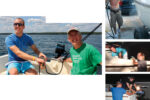 Ken’s son Iain takes the Sandpiper’s helm, at left, while his father enjoys the sensation of being under sail once again. The whole family worked to restore the Sandpiper to sailing condition. Ken’s son Conor power-washed it, top right, his daughter Shannon and Iain scrubbed the deck and cockpit, middle right, and Iain and his cousin Kyle (on deck) prepped the outboard and tested it in a trash can full of water, bottom right.