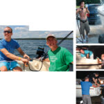 Ken’s son Iain takes the Sandpiper’s helm, at left, while his father enjoys the sensation of being under sail once again. The whole family worked to restore the Sandpiper to sailing condition. Ken’s son Conor power-washed it, top right, his daughter Shannon and Iain scrubbed the deck and cockpit, middle right, and Iain and his cousin Kyle (on deck) prepped the outboard and tested it in a trash can full of water, bottom right.