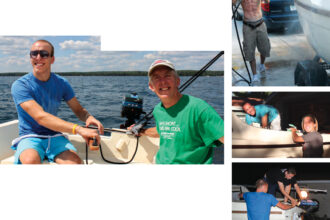 Ken’s son Iain takes the Sandpiper’s helm, at left, while his father enjoys the sensation of being under sail once again. The whole family worked to restore the Sandpiper to sailing condition. Ken’s son Conor power-washed it, top right, his daughter Shannon and Iain scrubbed the deck and cockpit, middle right, and Iain and his cousin Kyle (on deck) prepped the outboard and tested it in a trash can full of water, bottom right.