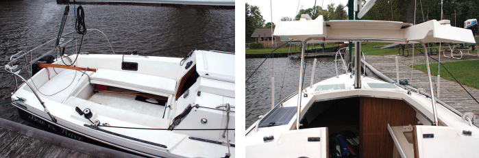 Rex and Sandy Henthorn keep their Rhodes 22, Bow vs. Wave, on Indiana’s Lake Freeman, but also sail on the Great Lakes, facing page. A berth/playroom flat that stows on the cockpit sole when not in use, at left, converts the large cockpit into an indoor/outdoor sleeping/ entertainment space that can be covered wth a boom tent. The pop-top, at right, provides generous headroom in the after part of the saloon.