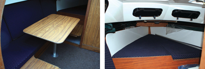 When the dinette table in the up position, at left, there’s space for a tidy dinner presentation. The 6-foot-long V-berth, at right, has excellent ventilation and light, thanks to the overhead hatches and forward-facing opening portlights, at right
