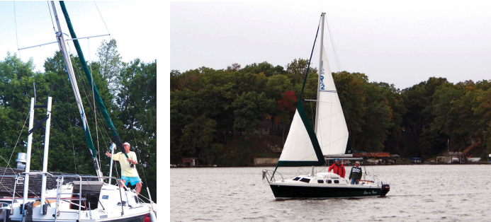 A system for singlehandedly raising and lowering the mast, at left, is just one of the host of details that General Boats has worked out on the Rhodes 22. With a furling genoa and in-mast furling for the mainsail, at right, it’s easy to dial in the desired amount of sail area.