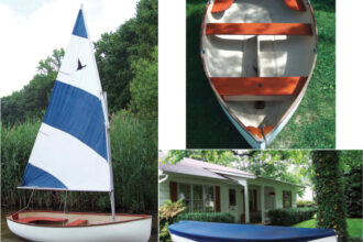 “Simpy elegant” describes the Oxford Dinghy, on facing page, and it’s not hard to understand how even non-sailors would be drawn to it, especially upon seeing the richly varnished woodwork, at right. With its trailer, it’s ready to sail on any inviting patch of water, below.