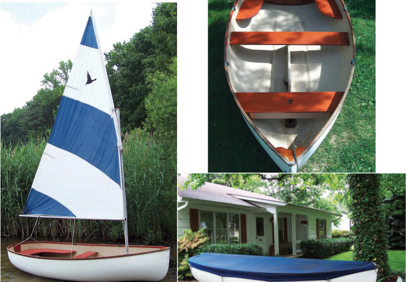 “Simpy elegant” describes the Oxford Dinghy, on facing page, and it’s not hard to understand how even non-sailors would be drawn to it, especially upon seeing the richly varnished woodwork, at right. With its trailer, it’s ready to sail on any inviting patch of water, below.