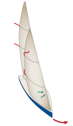 As this sailboat begins to turn into the wind to tack, the mainsail telltales still show a smooth airflow while the jib telltales indicate separated flow.